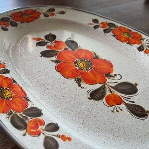 Vtg Show Pans by Sanko Ware Japan, Orange Flowered Enamel on Steel Serving Tray